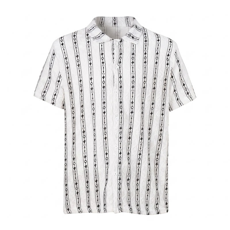 Geometric Vertical  Striped Pattern Cuban Collar Cotton Shirt - image 9
