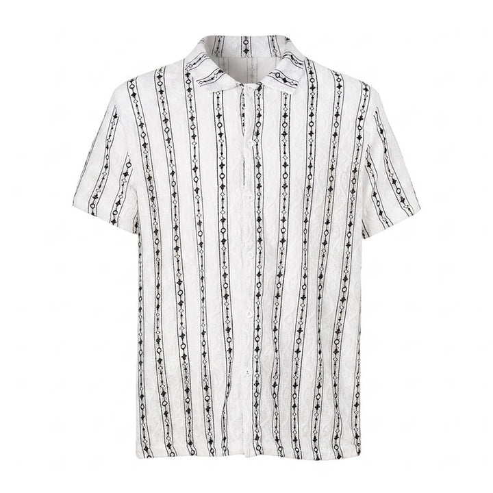 Geometric Vertical  Striped Pattern Cuban Collar Cotton Shirt - image 9