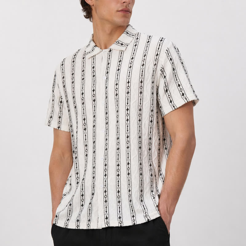 Geometric Vertical  Striped Pattern Cuban Collar Cotton Shirt - image 3