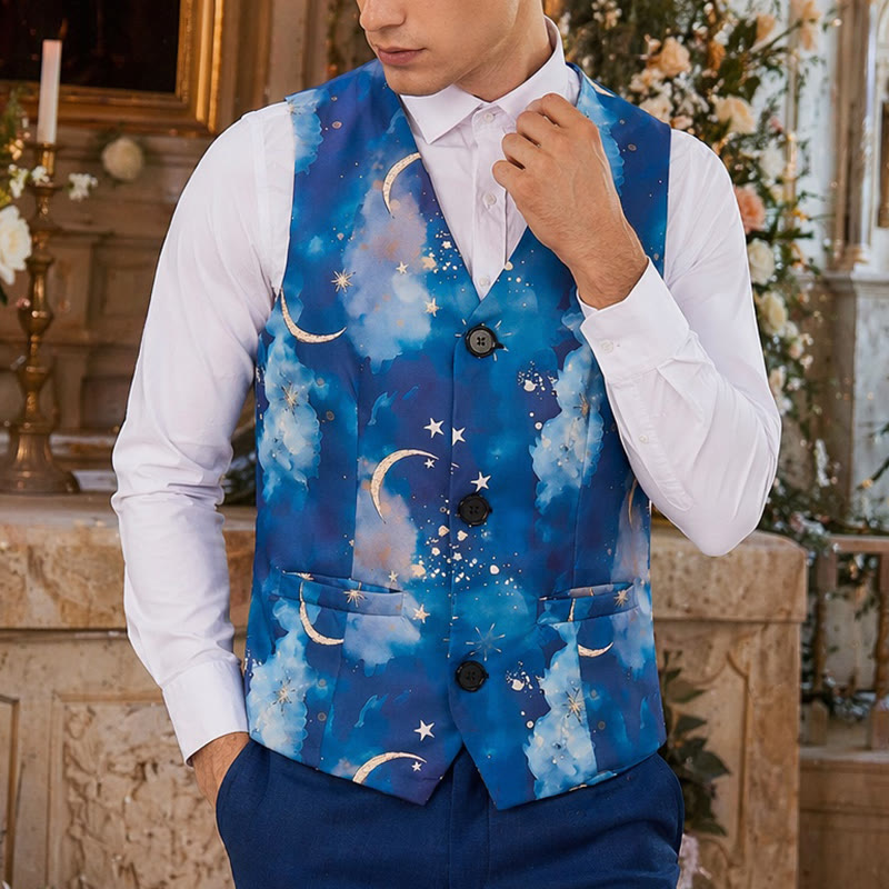 Men's Starry Night Print Party Wear Suit Vest - Starry Night Blue - 3XL - image 0