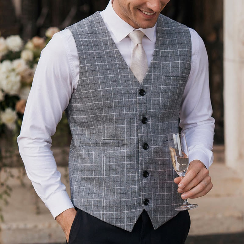 Men's Gray Checkered Formal Business Suit Vest - Gray - 3XL - image 0