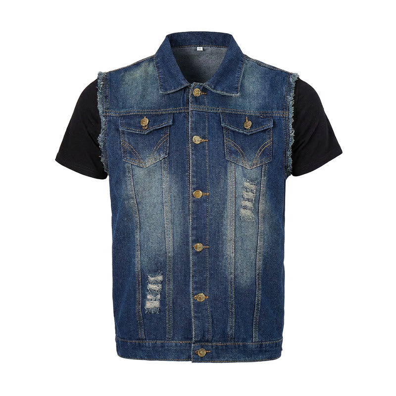 Vintage Washed Frayed Hem Trucker Denim Vest - image 9