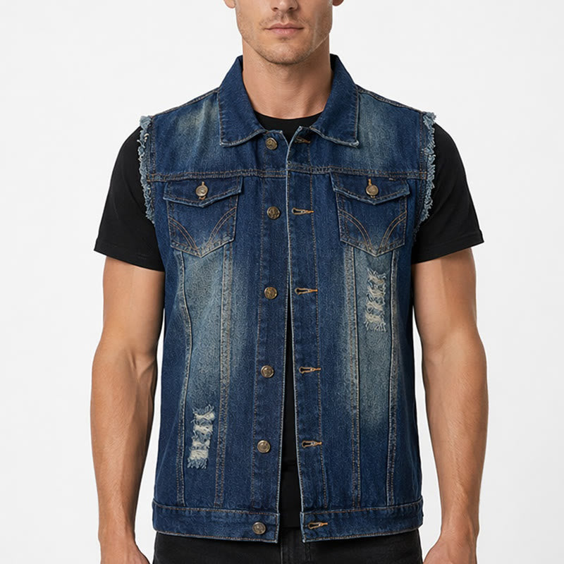 Vintage Washed Frayed Hem Trucker Denim Vest - image 1
