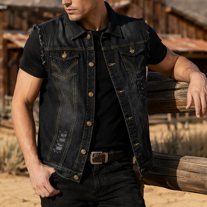 Vintage Washed Frayed Hem Trucker Denim Vest - Black - 6XL - image 4