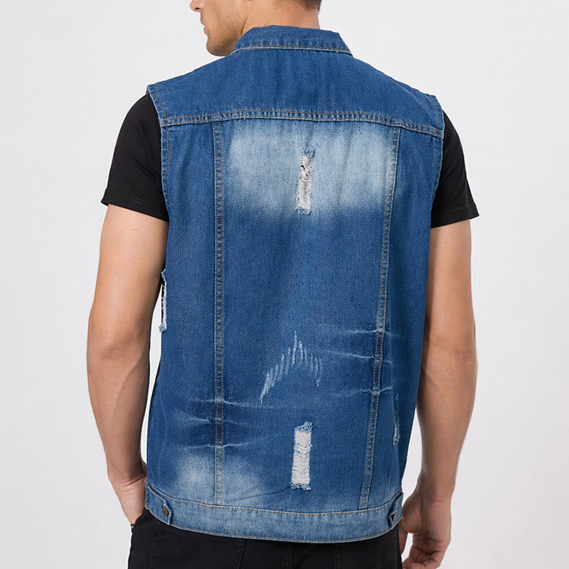 Blue Wash Destroyed Denim Vest With Patchwork - image 2