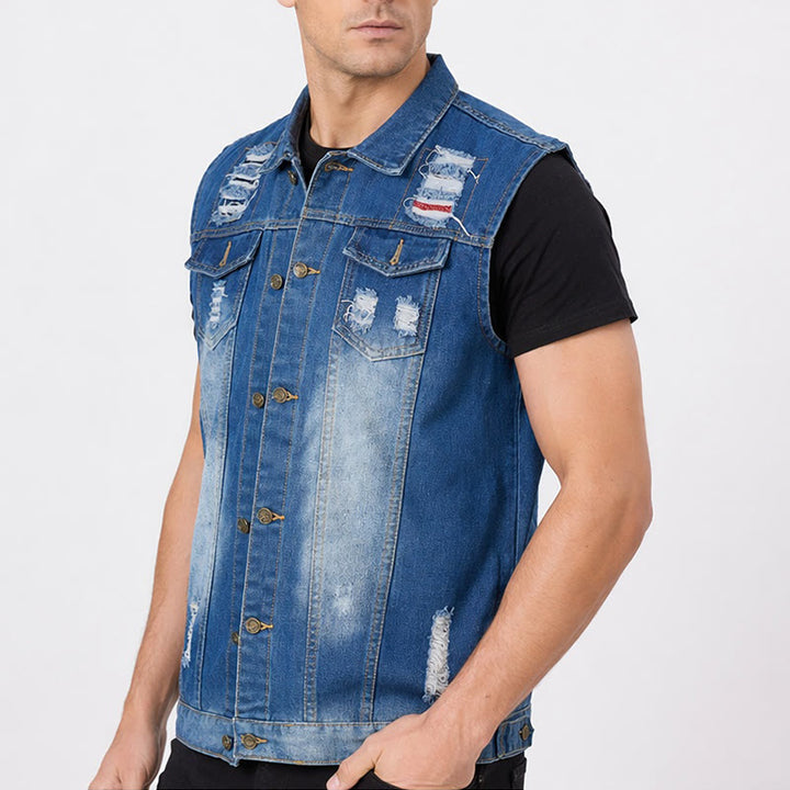 Blue Wash Destroyed Denim Vest With Patchwork - image 3