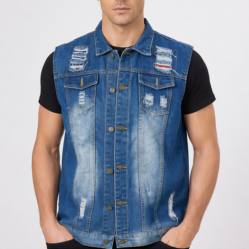 Blue Wash Destroyed Denim Vest With Patchwork - image 1