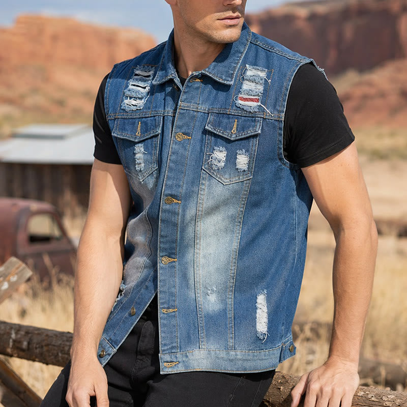 Blue Wash Destroyed Denim Vest With Patchwork - Blue - 6XL - image 0