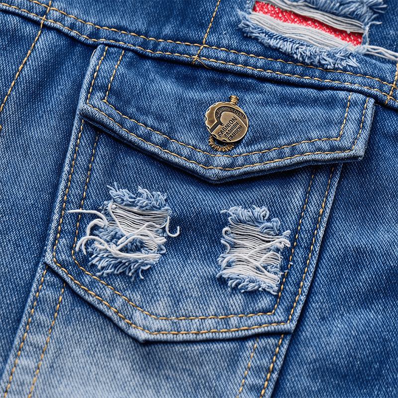 Blue Wash Destroyed Denim Vest With Patchwork - image 6