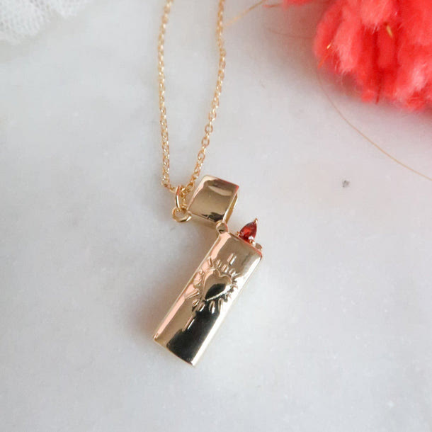 Flaming Heart Lighter-Shaped Pendant Necklace - Gold - image 0