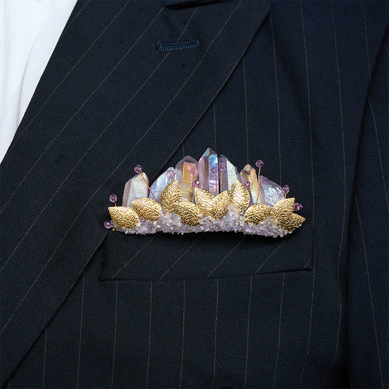 Handcrafted Natural Crystal Crown Pocket Square Brooch - Purple & Gold - image 6