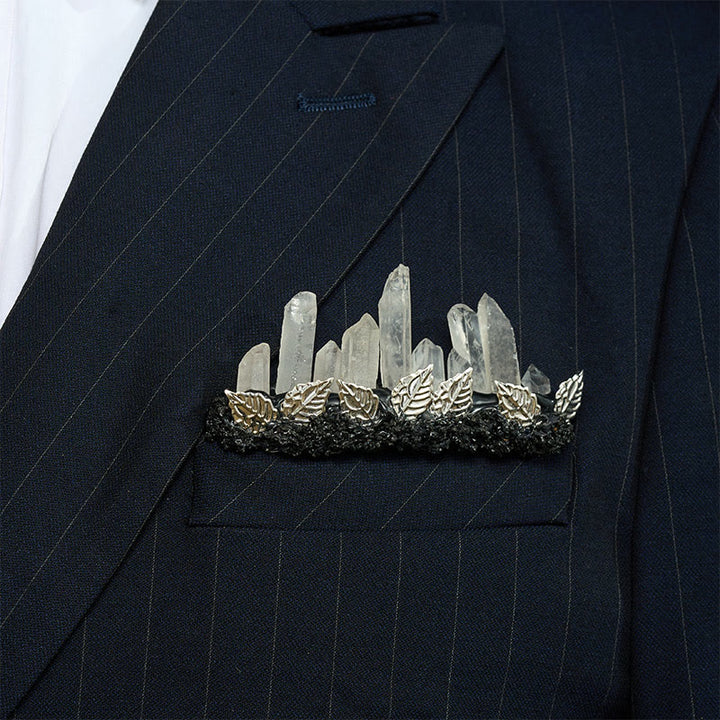 Handcrafted Natural Crystal Crown Pocket Square Brooch - White & Silver - image 26
