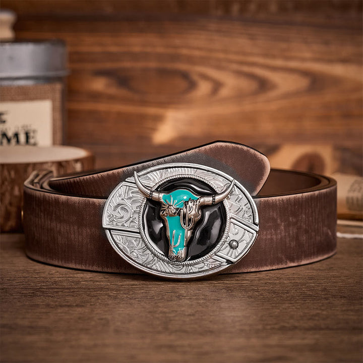 Desert Spirit Bull DIY Hidden Folding Knife Buckle Leather Belt - Turquoise Bull - Brown Distressed Belt - 42 - image 5