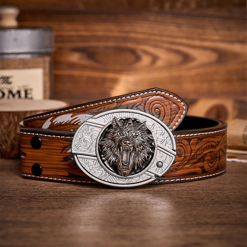 Snarling Wolf Head DIY Hidden Folding Knife Buckle Leather Belt - Wolf - Brown Feather Belt - 40 - image 7