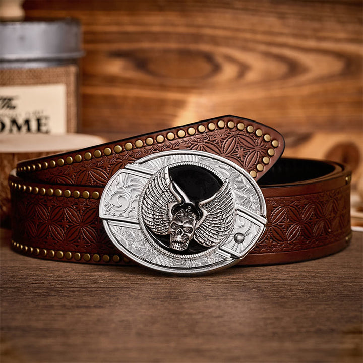 Winged Skull Biker DIY Hidden Folding Knife Buckle Leather Belt - Winged Skull - Brown Rivet Belt - 42 - image 4