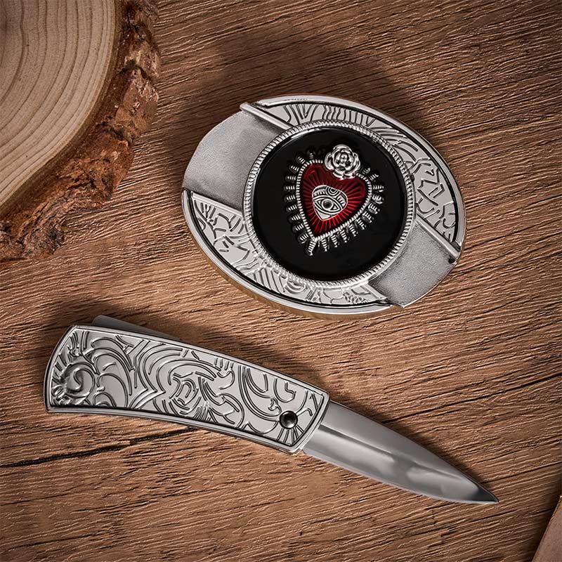 Red & Black Sacred Heart DIY Hidden Folding Knife Buckle Leather Belt - image 1