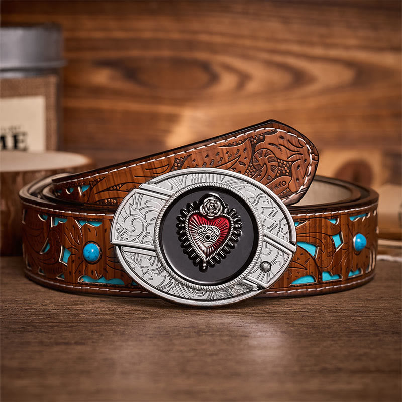 Red & Black Sacred Heart DIY Hidden Folding Knife Buckle Leather Belt - Red & Black Heart - Turquoise Carved Belt - 42 - image 3