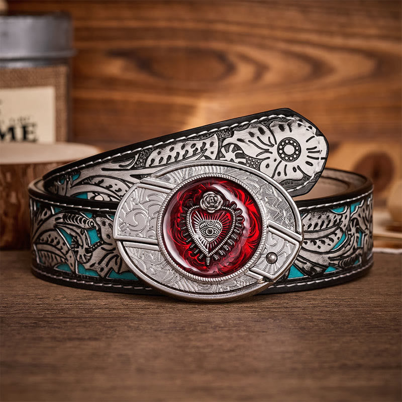 Crimson Sacred Heart DIY Hidden Folding Knife Buckle Leather Belt - Crimson Heart - Gray Floral Belt - 42 - image 8