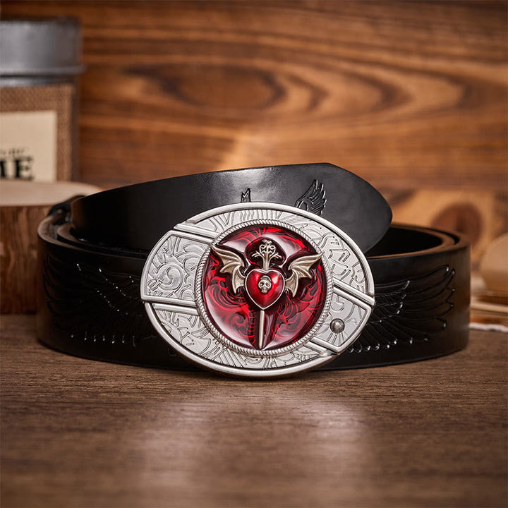Wings & Dagger Red Heart DIY Hidden Folding Knife Buckle Leather Belt - Wings & Dagger - Black Embossed Eagle Belt - 42 - image 2