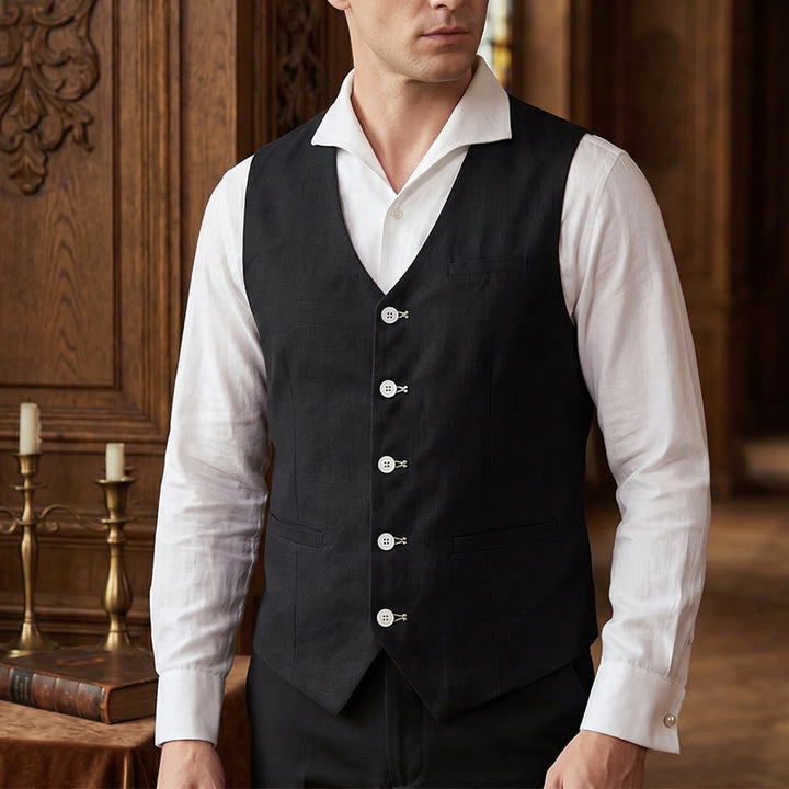 Men's Linen Blend Single Breasted Casual Vest - Black - 4XL - image 8