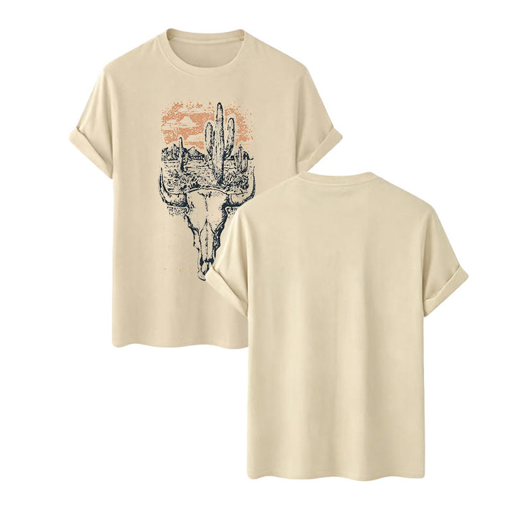 Badlands Vibes Longhorn Skull & Cactus Western T-shirt - Beige - 2XL - image 8