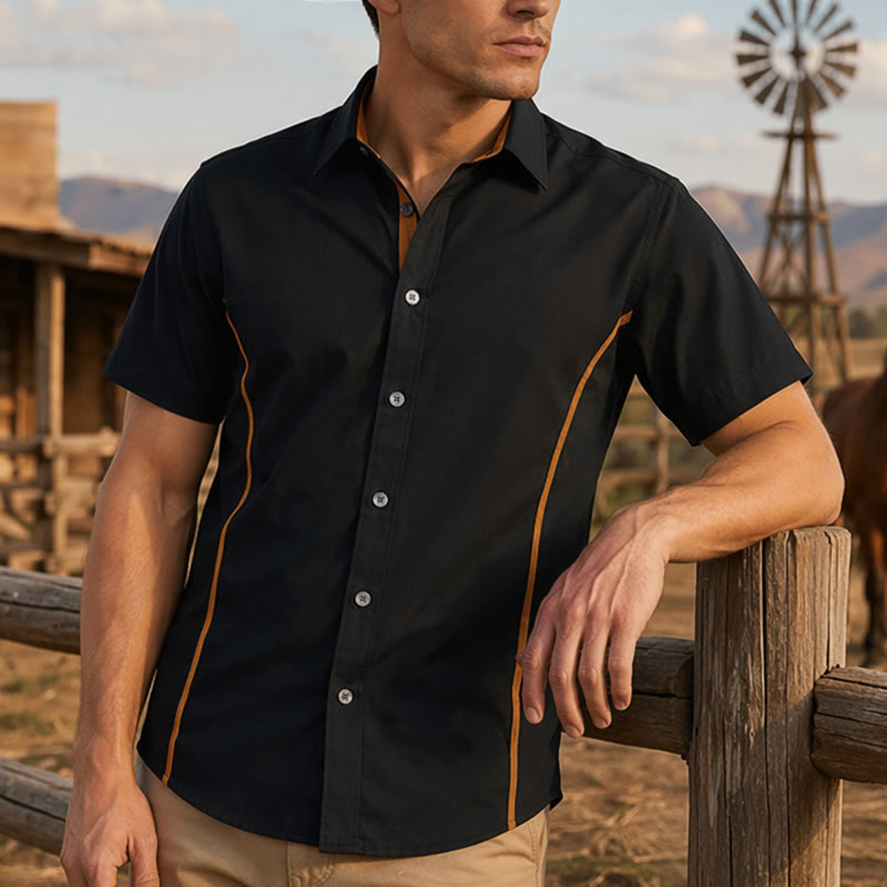 Men's Trendy Two-Tone Contrast Trim Cotton Shirt - Black - 2XL - image 6
