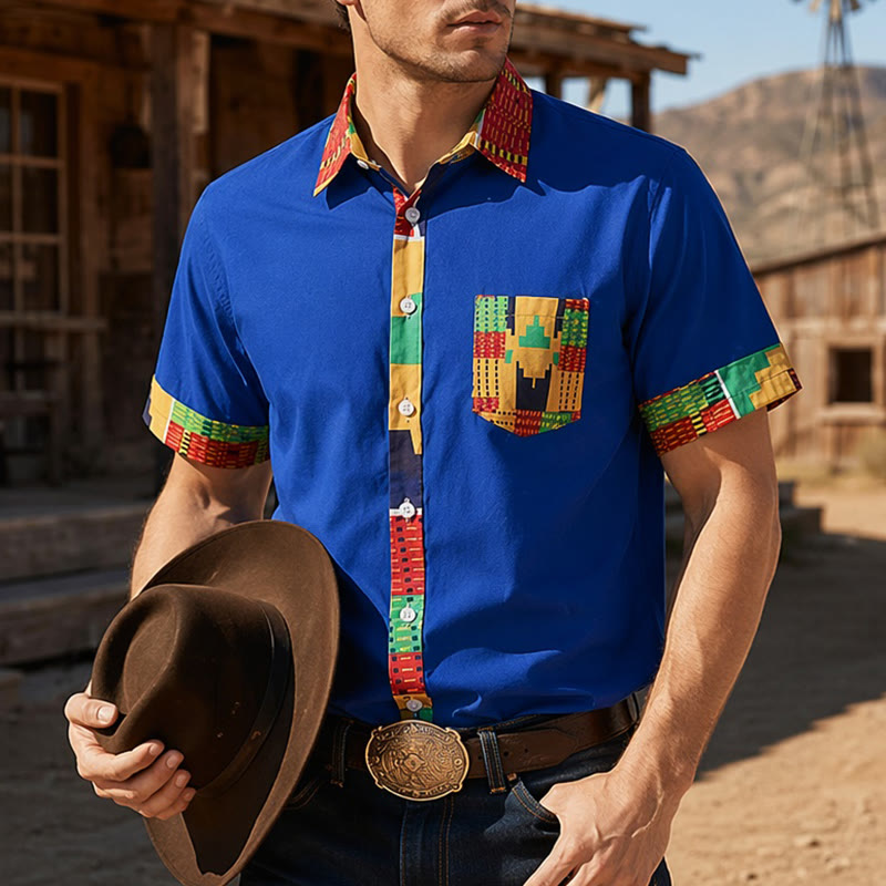 Men's Ethnic Print Patchwork Festival Statement Shirt - Blue - 4XL - image 4
