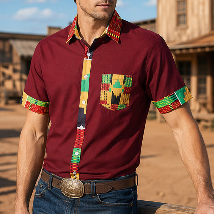 Men's Ethnic Print Patchwork Festival Statement Shirt - Burgundy - 4XL - image 6