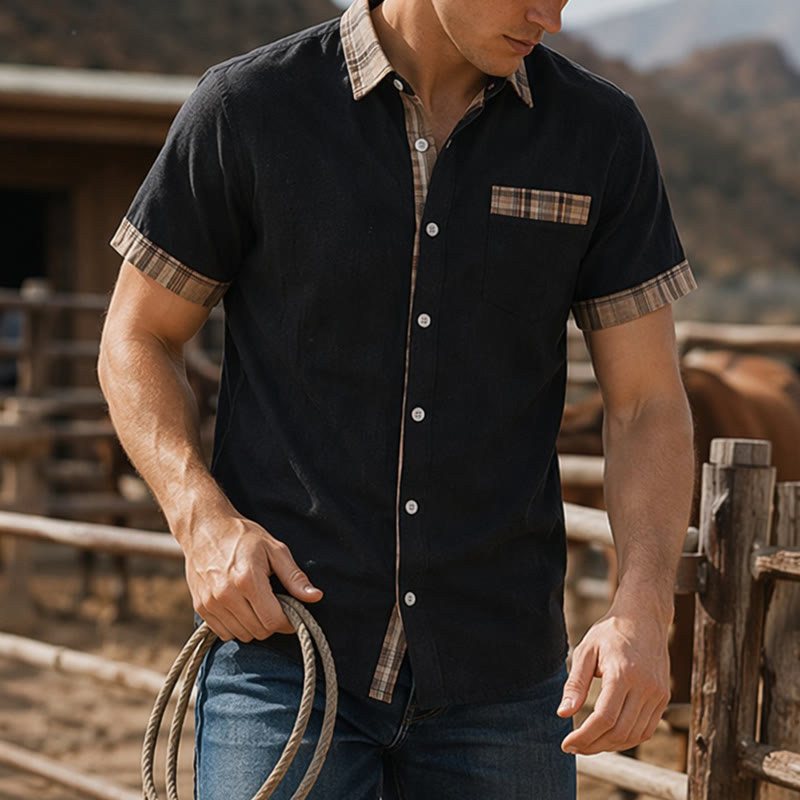 Men's Vintage Style Plaid Patchwork Cotton Shirt - Black - 4XL - image 0