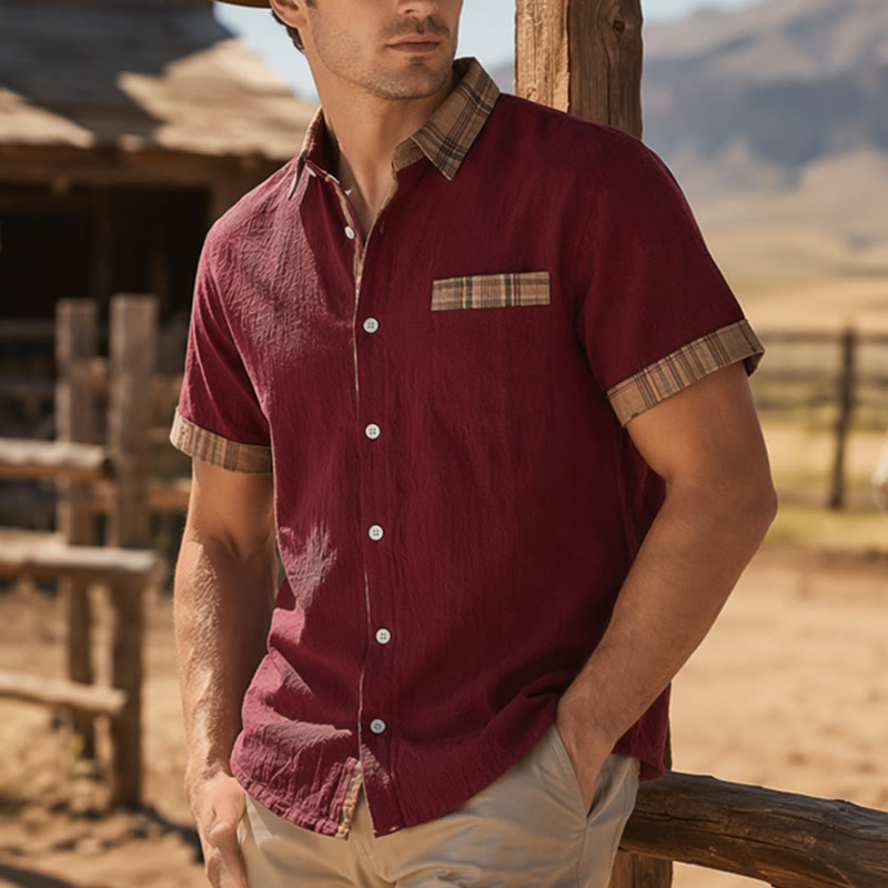 Men's Vintage Style Plaid Patchwork Cotton Shirt - Red - 4XL - image 6