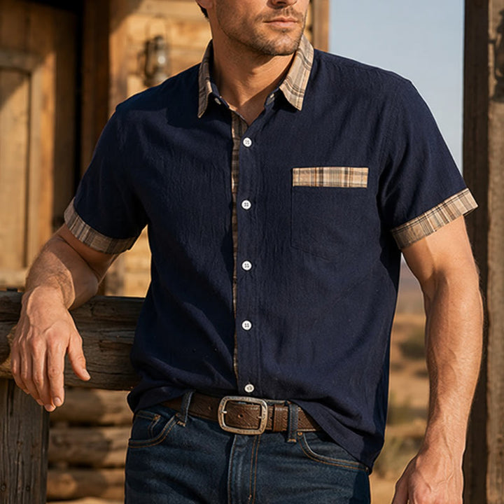 Men's Vintage Style Plaid Patchwork Cotton Shirt - Navy - 4XL - image 8