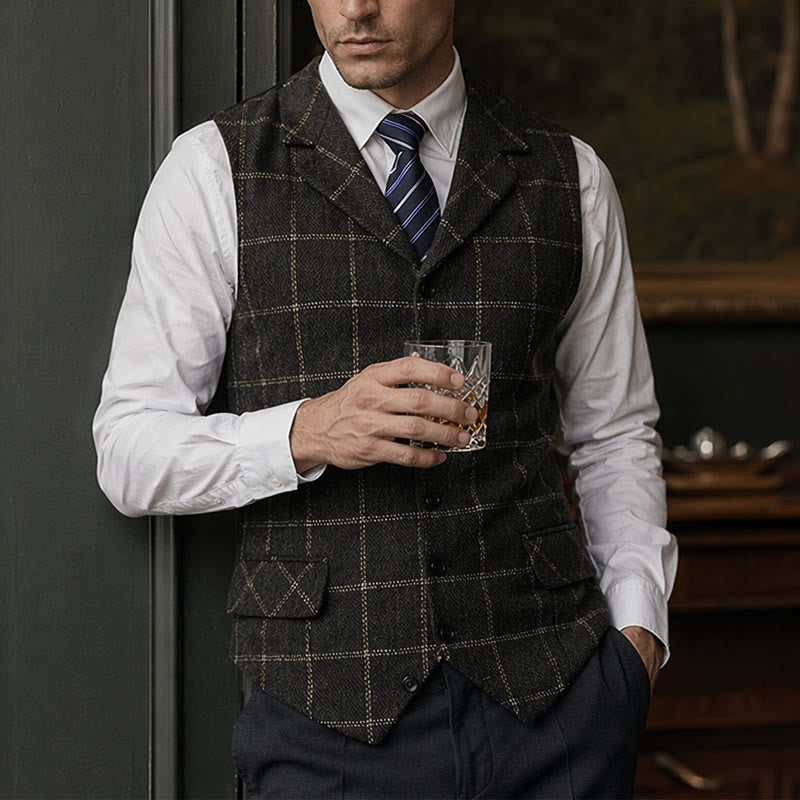 Men's Notch Lapel Plaid Party Daily Suit Vest - Black - 3XL - image 4