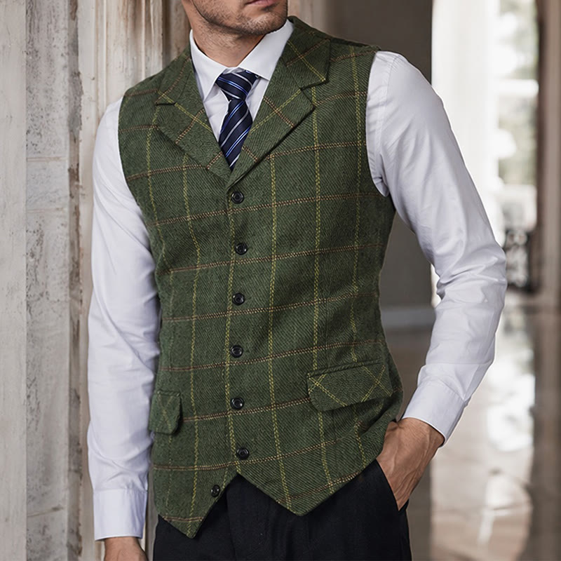 Men's Notch Lapel Plaid Party Daily Suit Vest - Green - 3XL - image 5