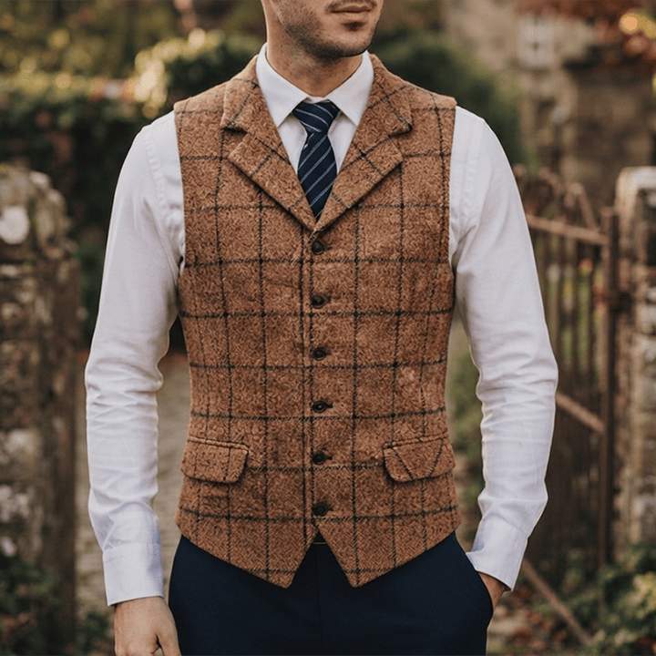 Men's Notch Lapel Plaid Party Daily Suit Vest - Brown - 3XL - image 6