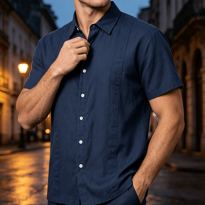 Men's Minimalist Solid Ramie Breathable Summer Casual Cotton Shirt - Dark Blue - 3XL - image 6