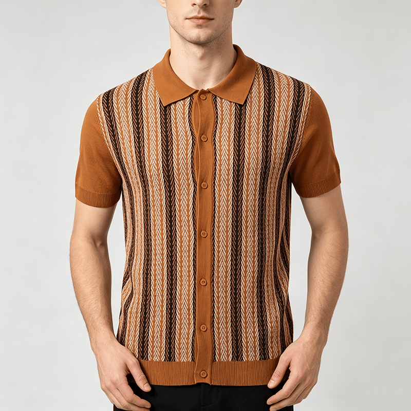 Men's Vintage Summer Block Striped Jacquard Polo Knitted Shirt - image 1