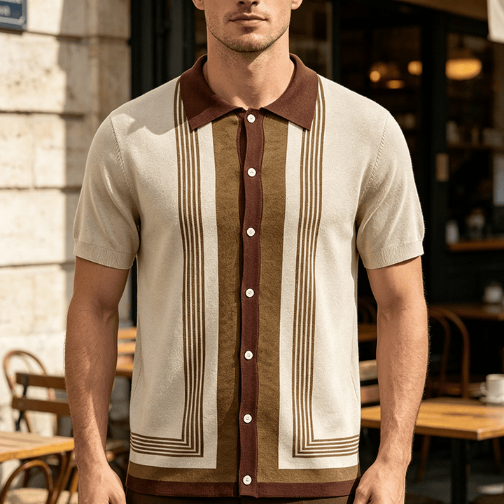 Men's Summer Color Block Spliced Stripe Knitted Shirt - Apricot - 3XL - image 4