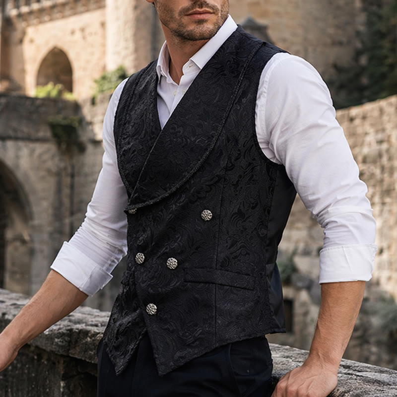 Men's Black Jacquard Double-Breasted Tuxedo Suit Vest - Black - 2XL - image 0