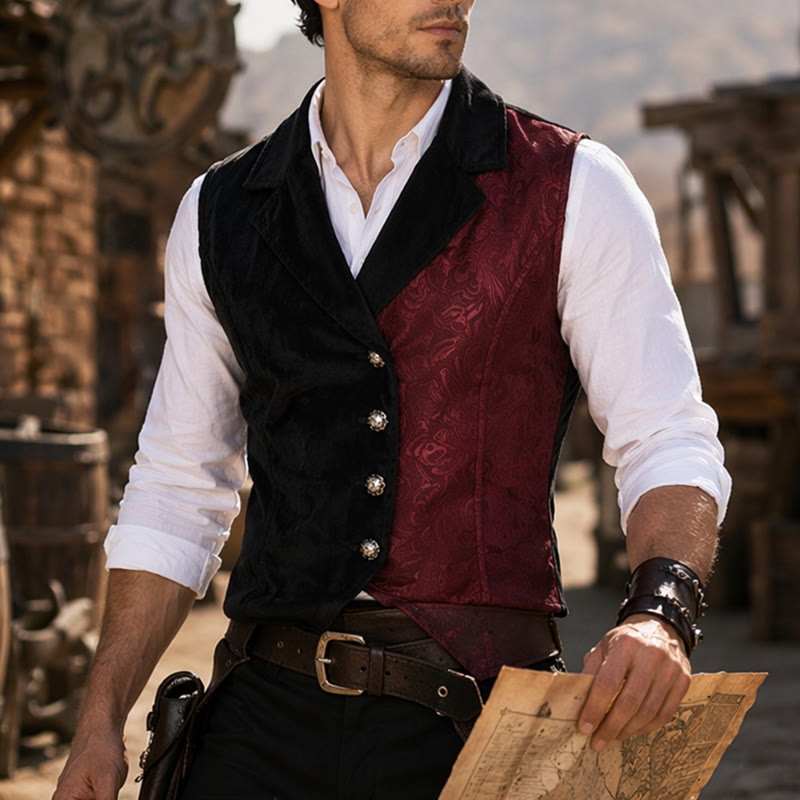 Men's Victorian Black & Burgundy Steampunk Suit Vest - Black & Burgundy - 2XL - image 0