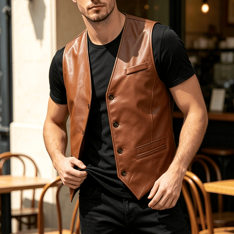 Men's Four Seasons Casual Formal Layering Leather Vest - Brown - 5XL - image 0
