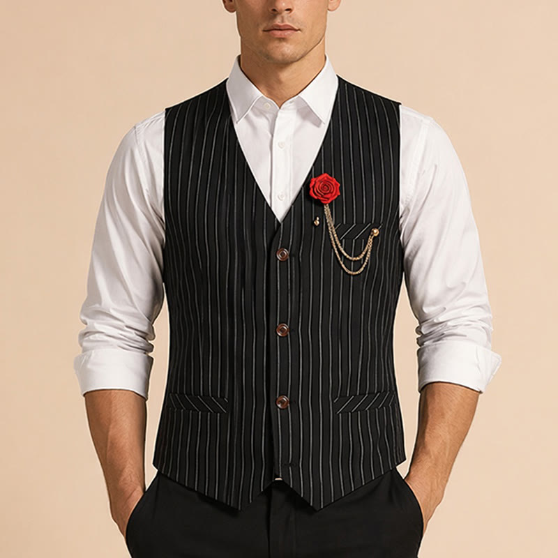 Men's Retro Style Pinstriped Suit Vest With Rose Lapel Chain - image 1