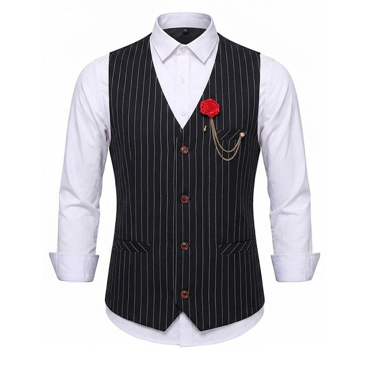 Men's Retro Style Pinstriped Suit Vest With Rose Lapel Chain - Black - 2XL - image 11