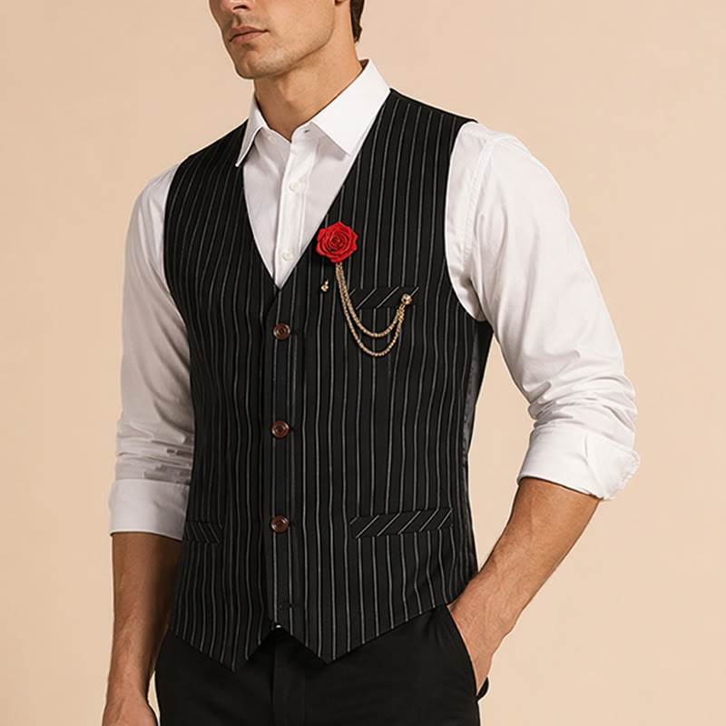 Men's Retro Style Pinstriped Suit Vest With Rose Lapel Chain - image 3