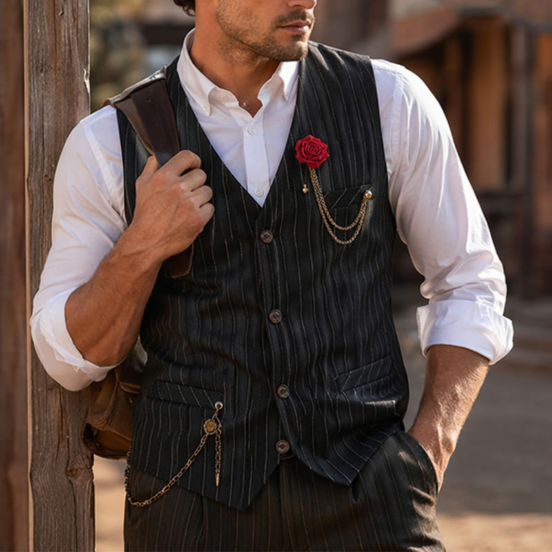 Men's Retro Style Pinstriped Suit Vest With Rose Lapel Chain - image 4