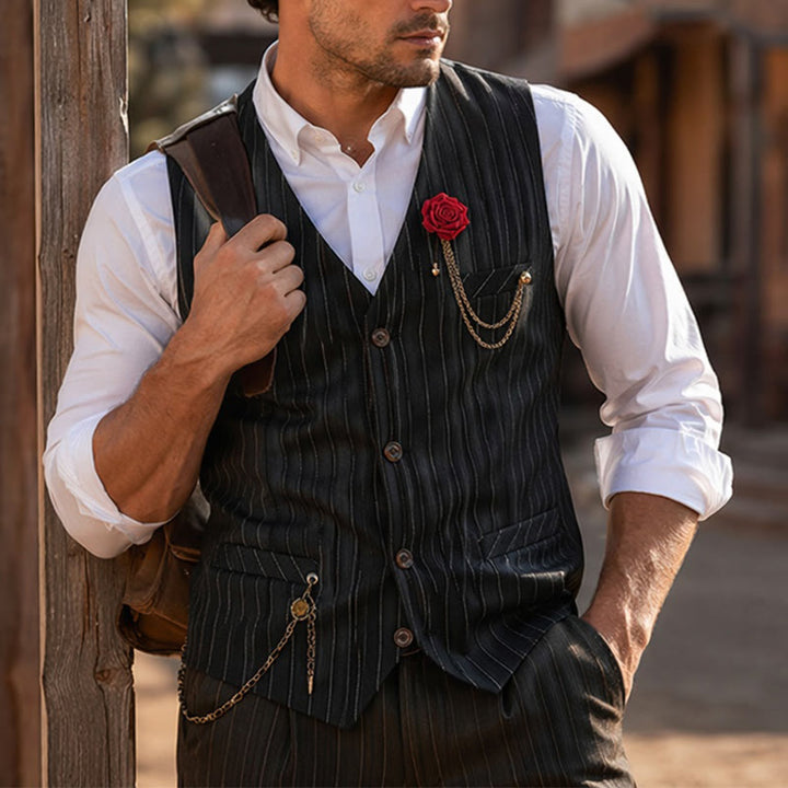 Men's Retro Style Pinstriped Suit Vest With Rose Lapel Chain - image 4