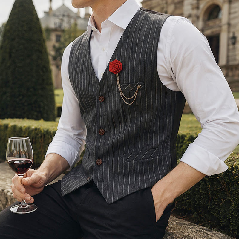 Men's Retro Style Pinstriped Suit Vest With Rose Lapel Chain - Gray - 2XL - image 0