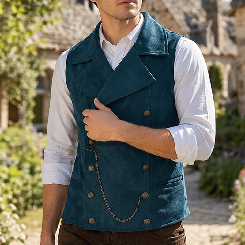 Men's Retro Double-Breasted Suit Vest With Bronze Chain - Teal - 5XL - image 8