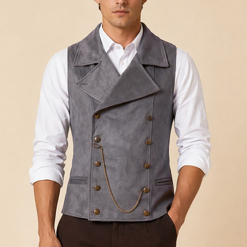 Men's Retro Double-Breasted Suit Vest With Bronze Chain - image 1