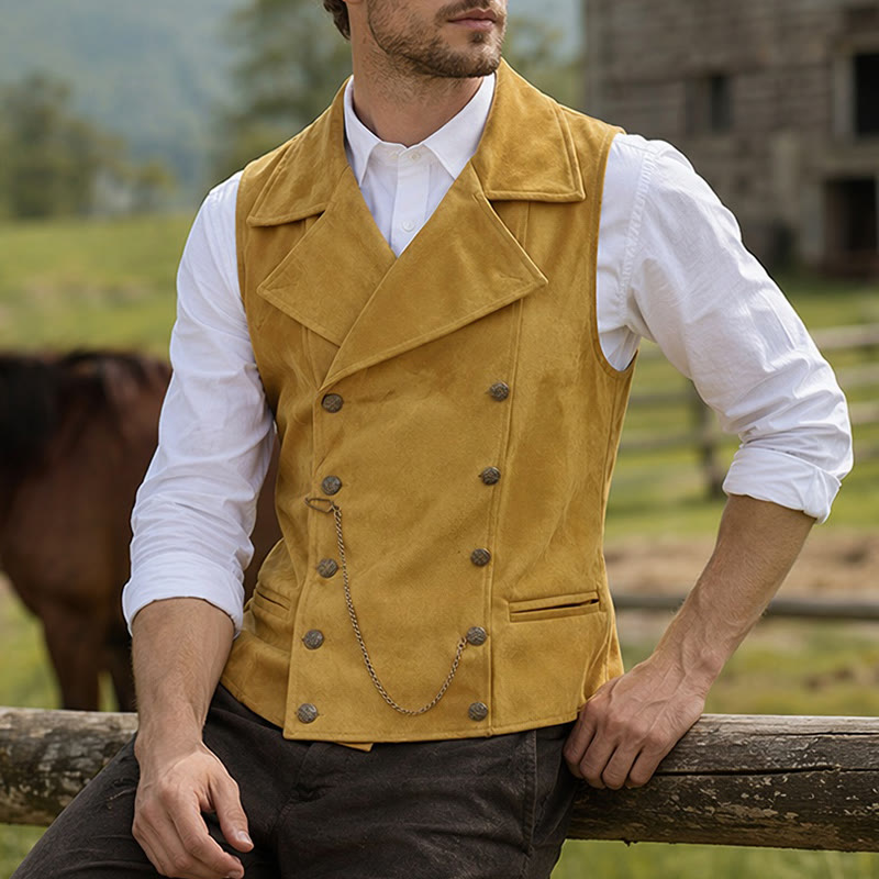 Men's Retro Double-Breasted Suit Vest With Bronze Chain - Yellow - 5XL - image 9