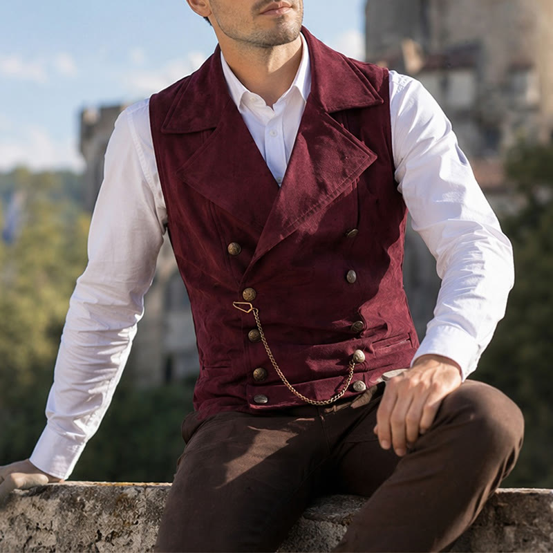 Men's Retro Double-Breasted Suit Vest With Bronze Chain - Burgundy - 5XL - image 6